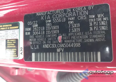 2022 Kia Ev6 Wind from USA, damaged, VIN KNDC3DLC6N5044998